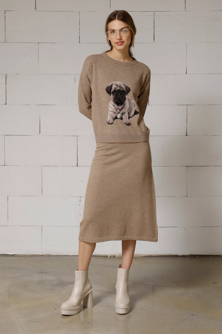 Tina Women's Intarsia Lambswool Sweater with Pug Detail